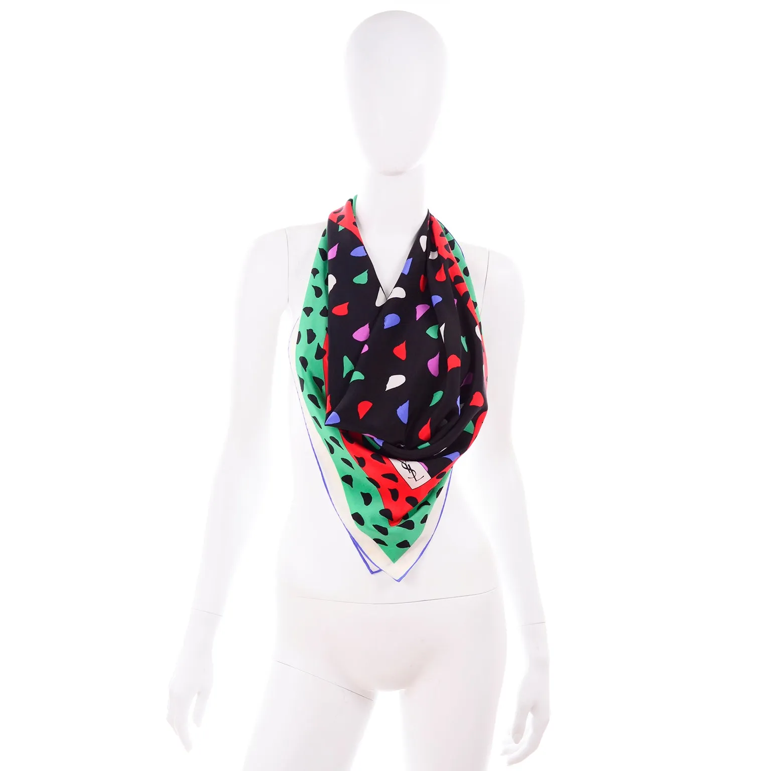 1980s Yves Saint Laurent Multi Colored Abstract Print Silk Scarf