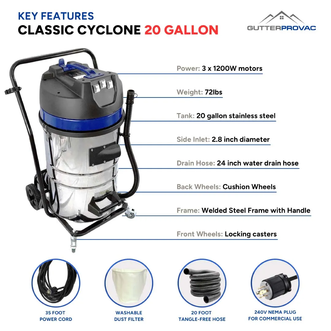 20 Gallon Classic Cyclone Gutter Vacuum Kit, 20 Foot (2 Story) Carbon Clamping Gutter Poles, Carrying Bag and 25 Foot Hose