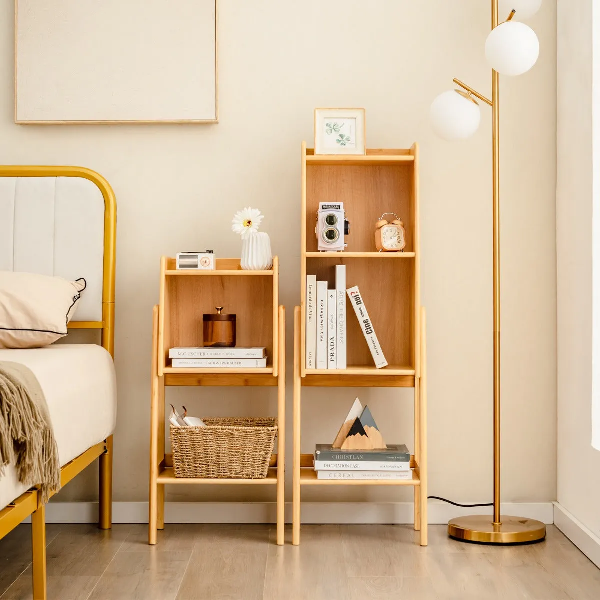 3 Tier Free Standing Tall Bamboo Bookshelf with Legs