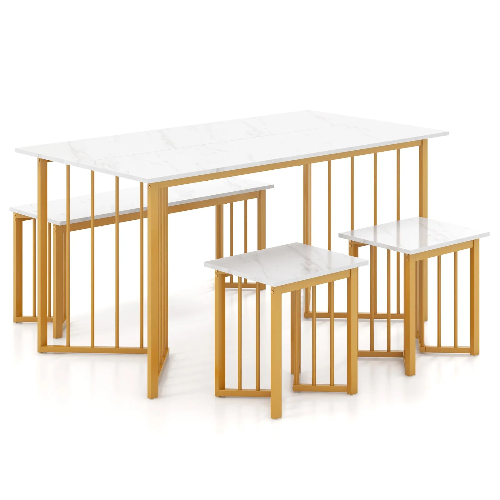 4 Pieces Modern Dinette Dining Table Set with Bench and 2 Stools-White &amp; Golden