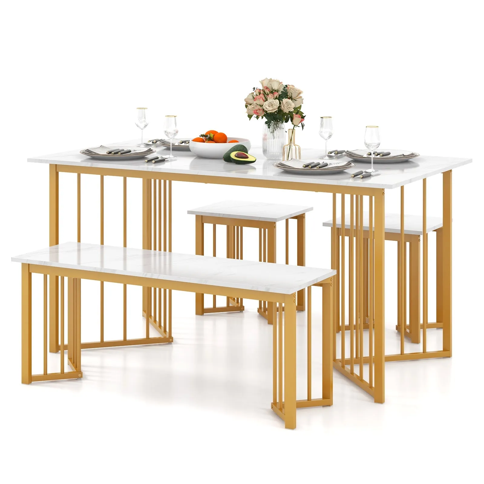 4 Pieces Modern Dinette Dining Table Set with Bench and 2 Stools-White &amp; Golden