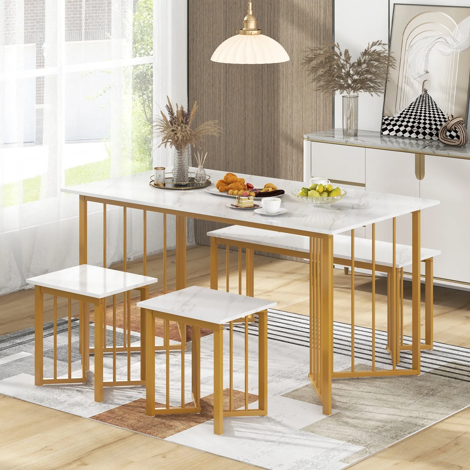 4 Pieces Modern Dinette Dining Table Set with Bench and 2 Stools-White &amp; Golden