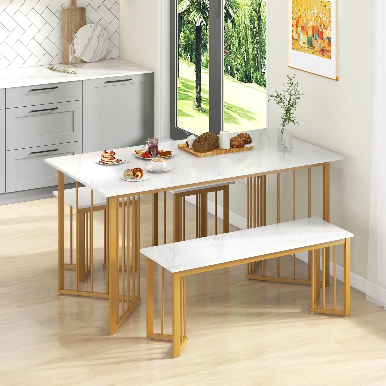 4 Pieces Modern Dinette Dining Table Set with Bench and 2 Stools-White &amp; Golden