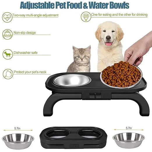 Adjustable Elevated Pet Feeder with Dual Stainless Steel Bowls -Foldable, Anti-Slip Design for Dogs and Cats