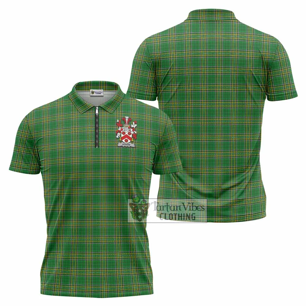 Agnew Irish Clan Tartan Zipper Polo Shirt with Coat of Arms