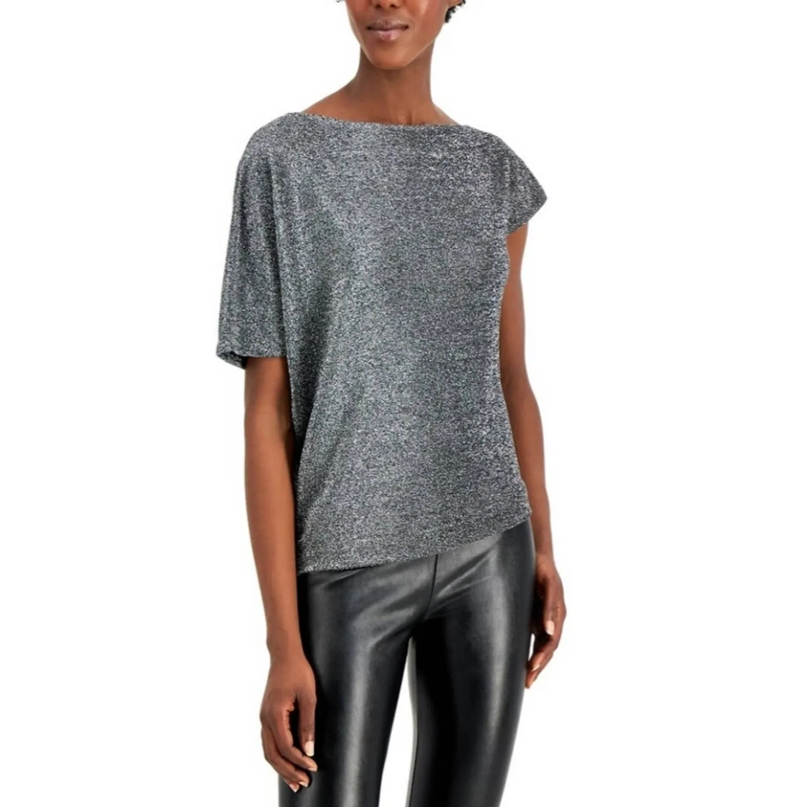 Alfani Wide Neck Metallic Top in Gunmetal