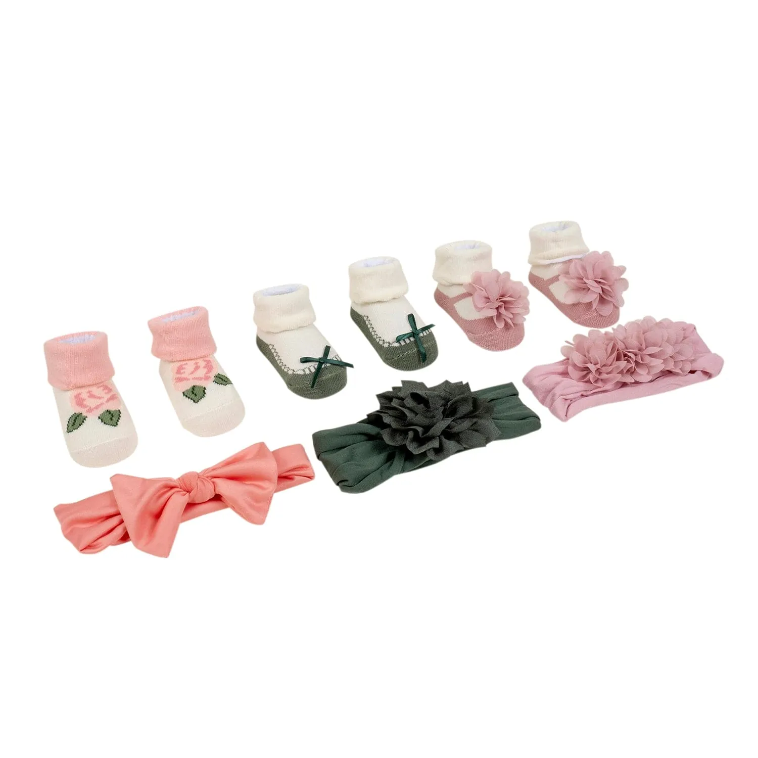 Baby Moo Bow Striped Infant 6-Piece Gift Hairband And Socks Set - Pink