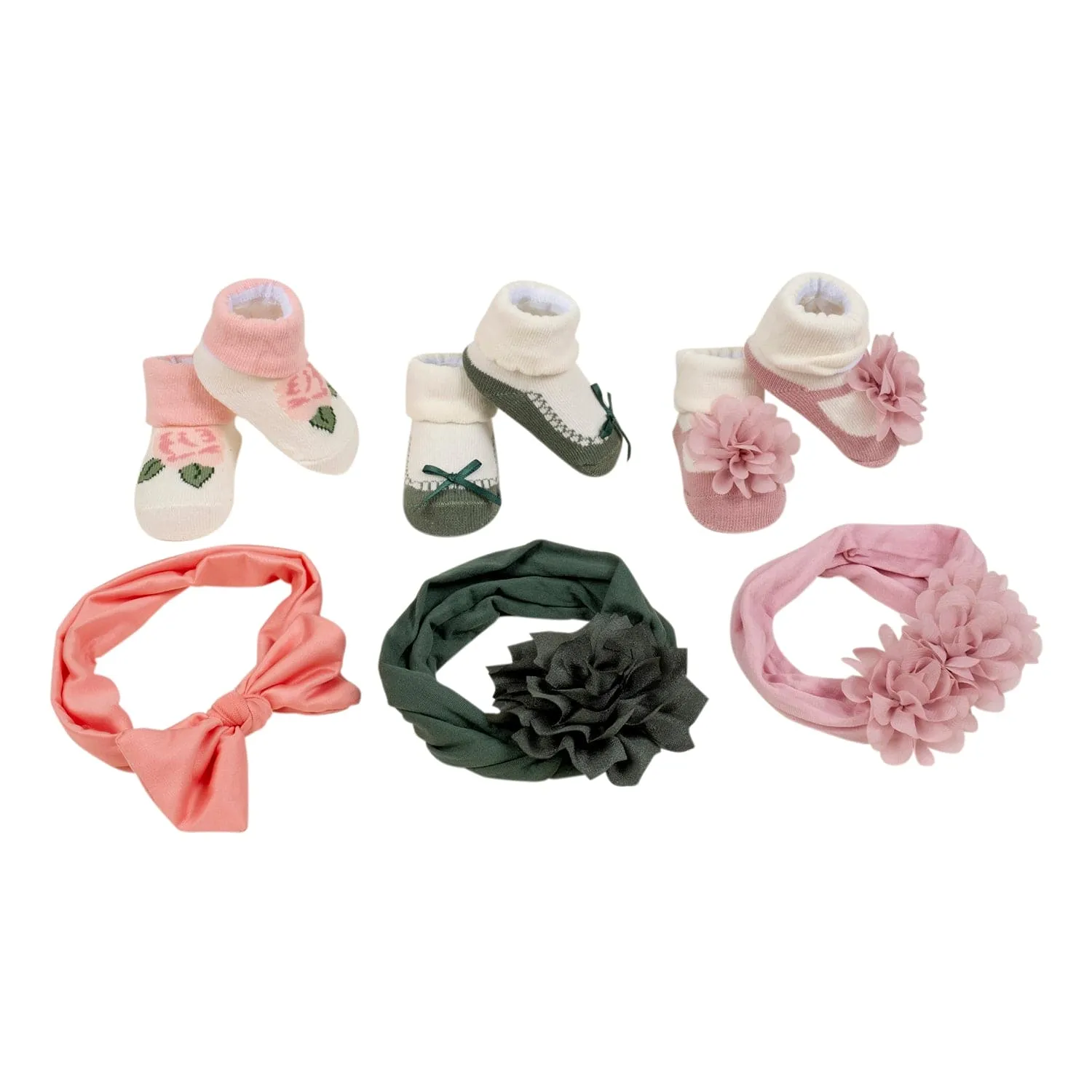 Baby Moo Bow Striped Infant 6-Piece Gift Hairband And Socks Set - Pink