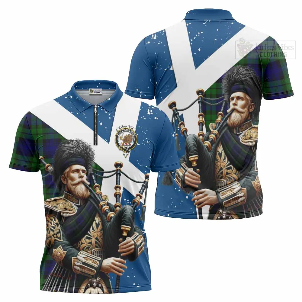 Bannatyne Tartan Zipper Polo Shirt with Family Crest Scottish Bagpiper Vibes