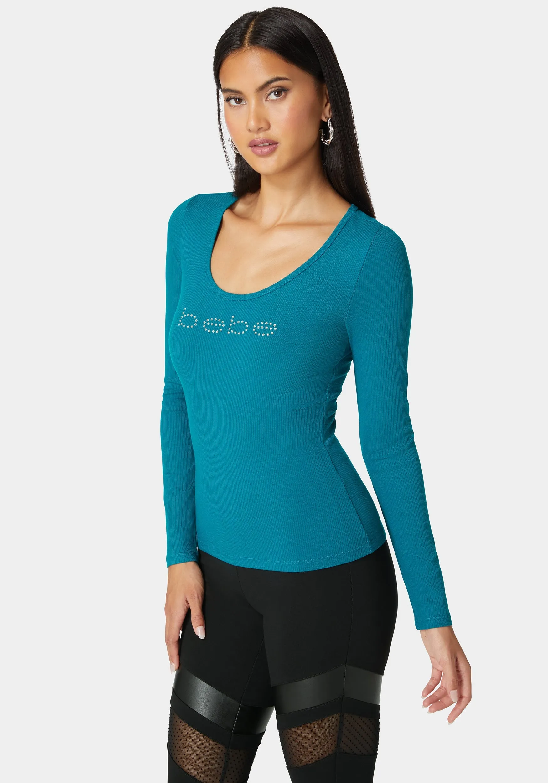 Bebe Logo Long Sleeve Scoop Neck Single Stone Rib Top