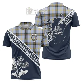 Bell Tartan Zipper Polo Shirt Featuring Thistle and Scotland Map