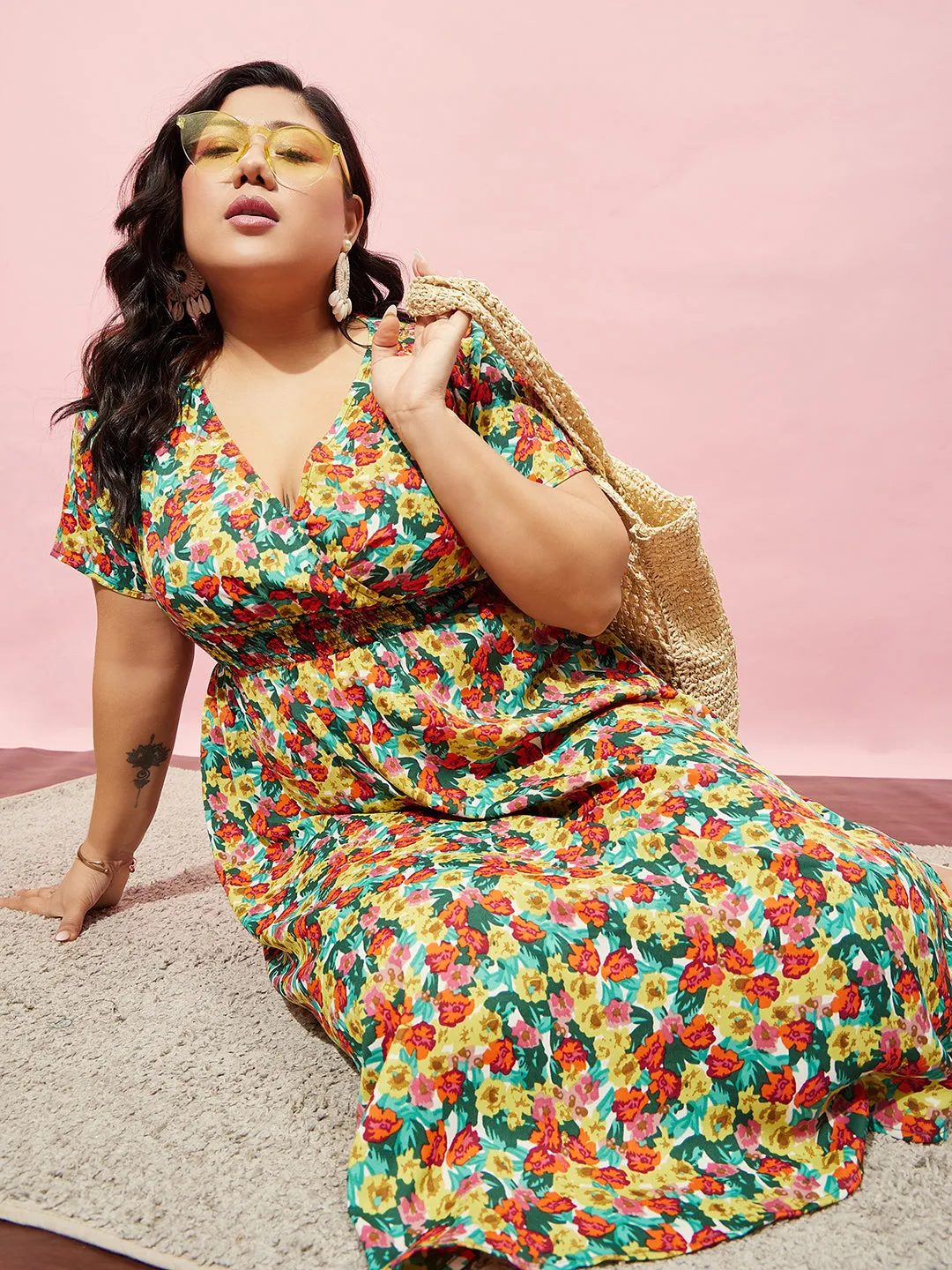 Berrylush Women Plus Size Red, Yellow, & Green Floral Printed V-Neck Crepe Flared Wrap Midi Dress