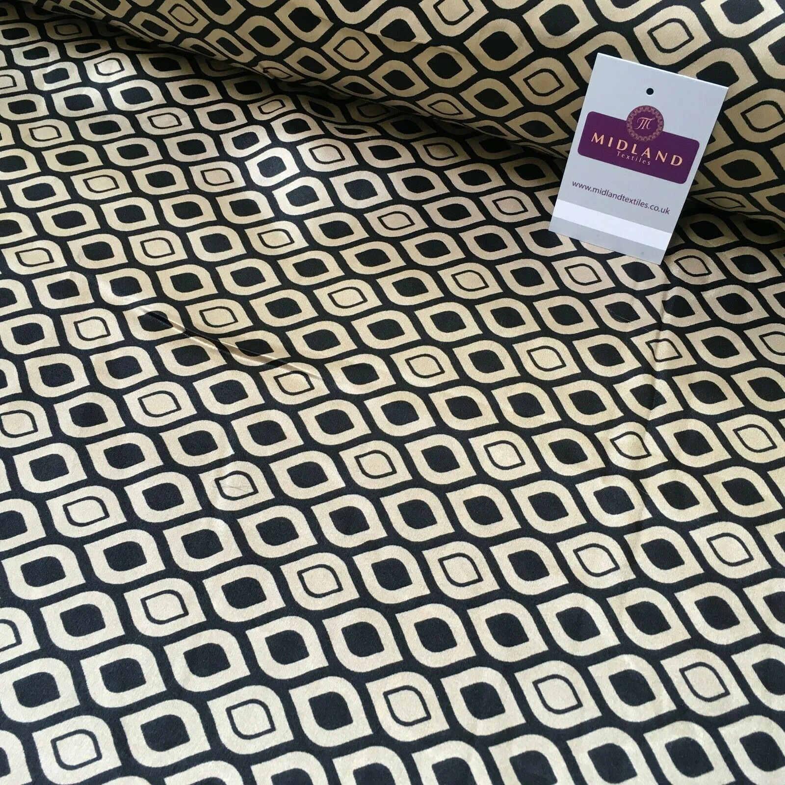 Black and Gold Geometric Printed Silky Satin Dress Fabric 150cm Wide MR1044-2