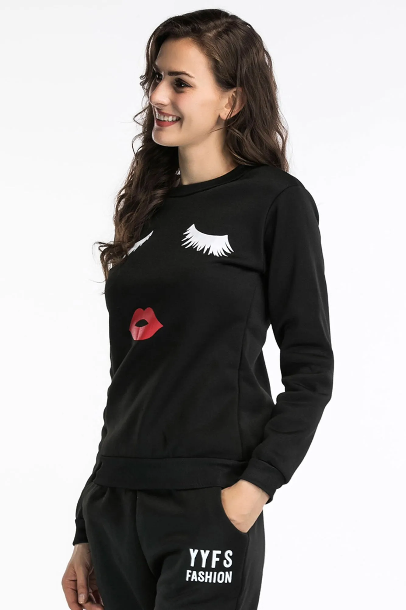 Black Lip Print Pullover Sweatshirt