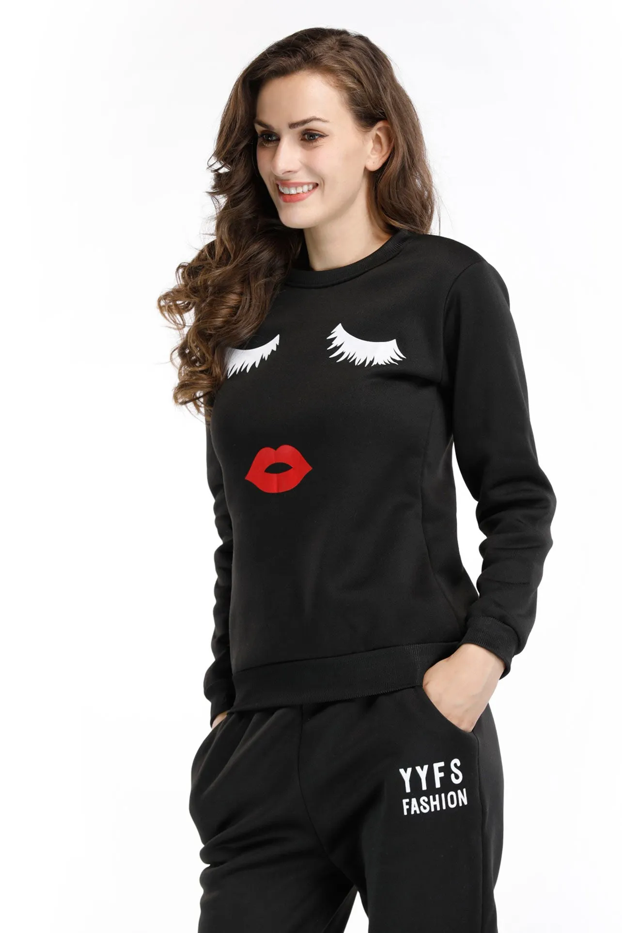 Black Lip Print Pullover Sweatshirt