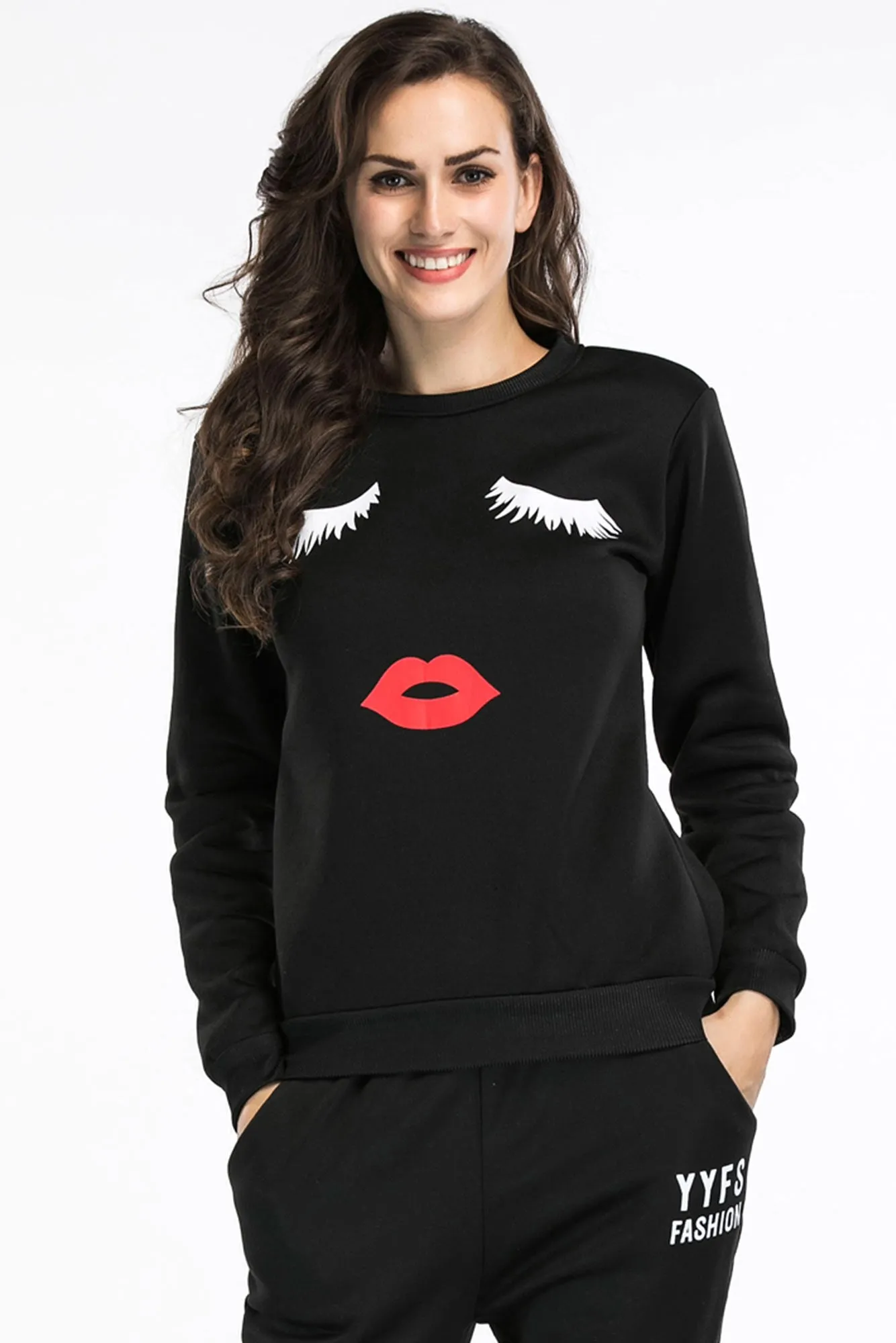 Black Lip Print Pullover Sweatshirt