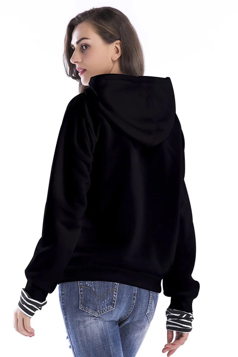 Black Striped Panel Drawstring  Pullover Sweatshirt