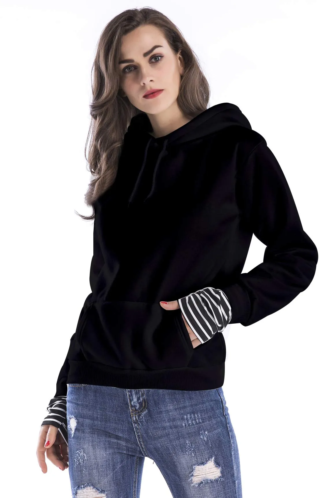 Black Striped Panel Drawstring  Pullover Sweatshirt