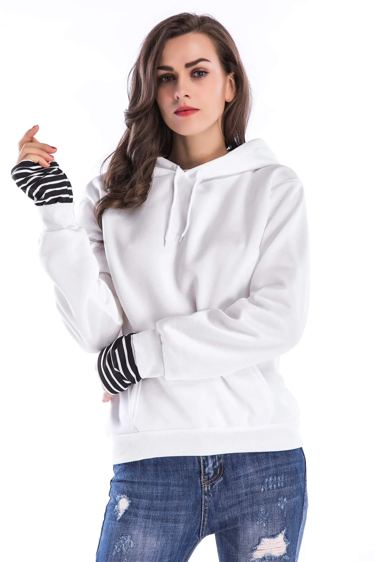 Black Striped Panel Drawstring  Pullover Sweatshirt