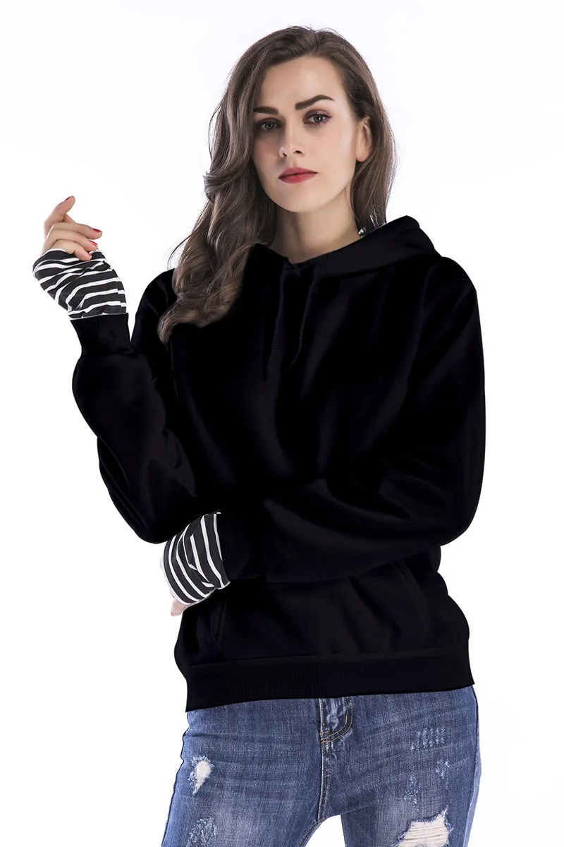 Black Striped Panel Drawstring  Pullover Sweatshirt