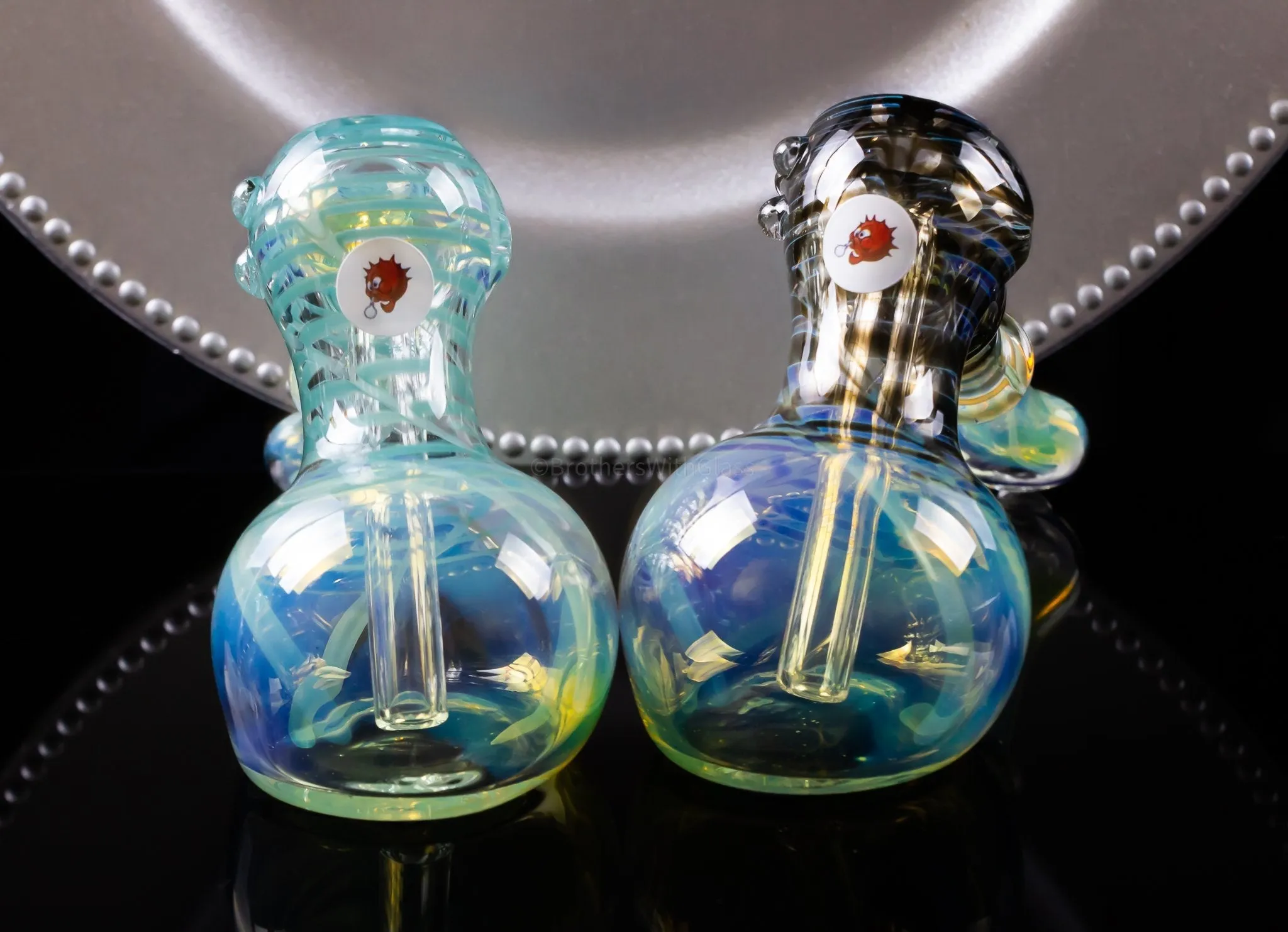 Blowfish Glassworks Silver Fumed with Wrap and Rake Hammer Bubbler