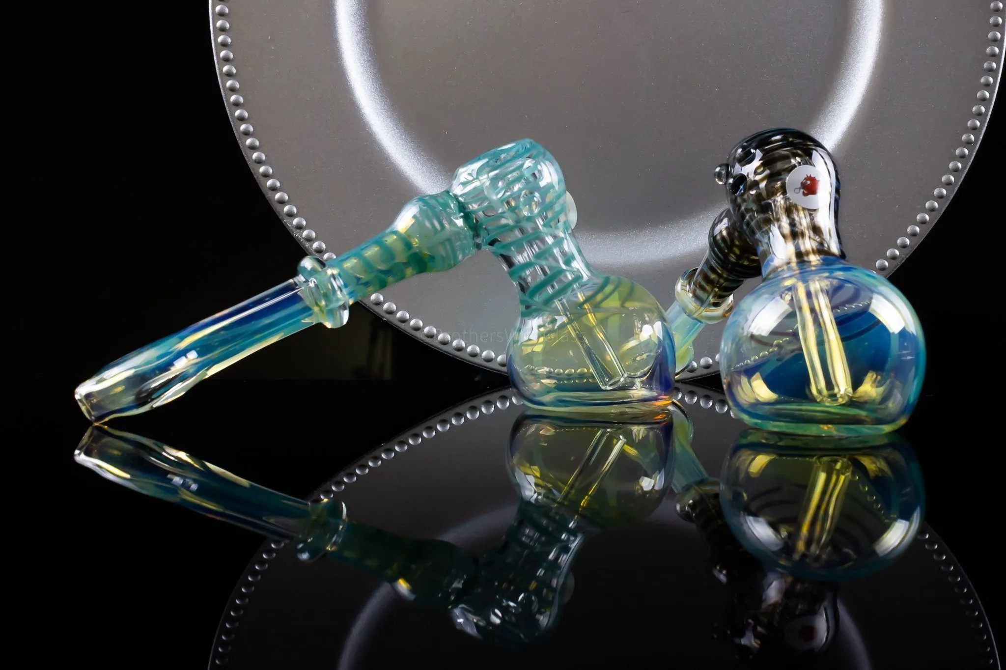 Blowfish Glassworks Silver Fumed with Wrap and Rake Hammer Bubbler