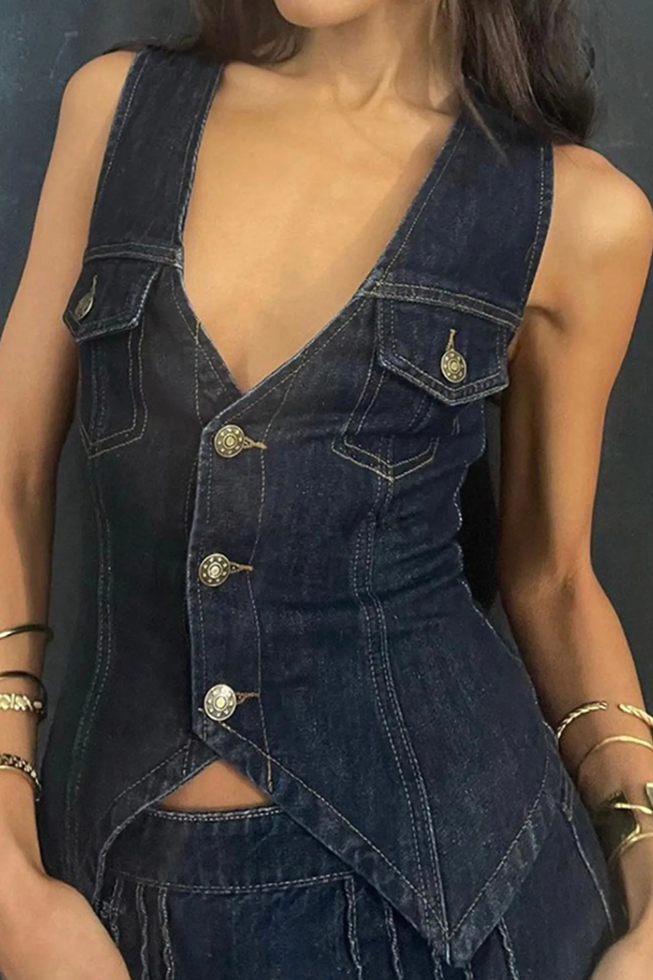 Blue Button-down Waisted Denim Tank Top