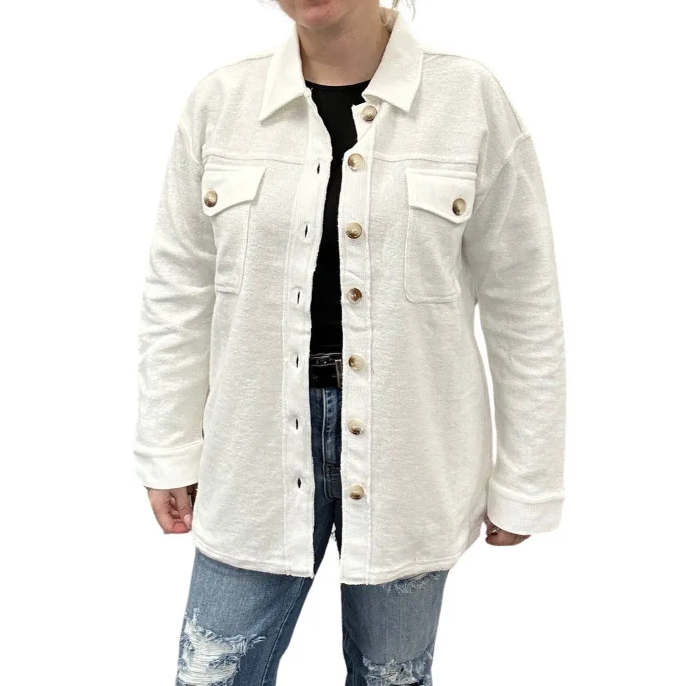 Brushed & Corduroy Shacket With Pockets - White