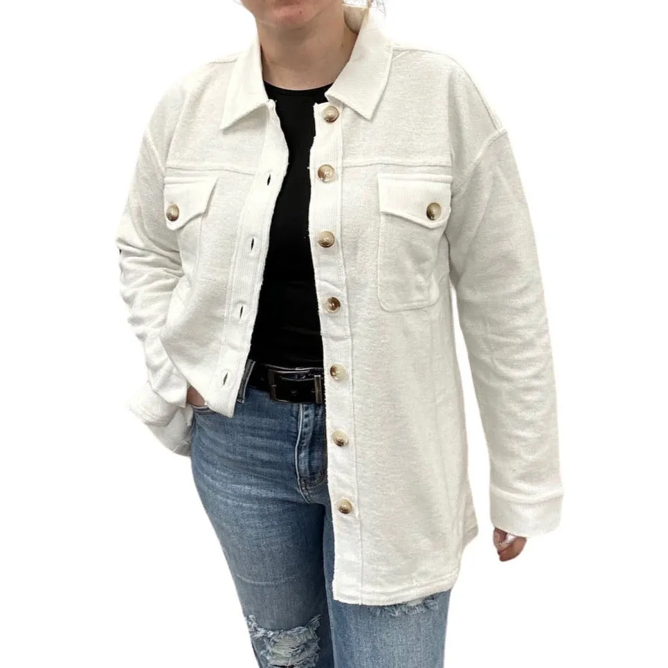 Brushed & Corduroy Shacket With Pockets - White