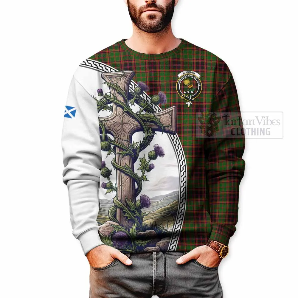 Buchan Tartan Sweatshirt with Family Crest and St. Andrew's Cross Accented by Thistle Vines