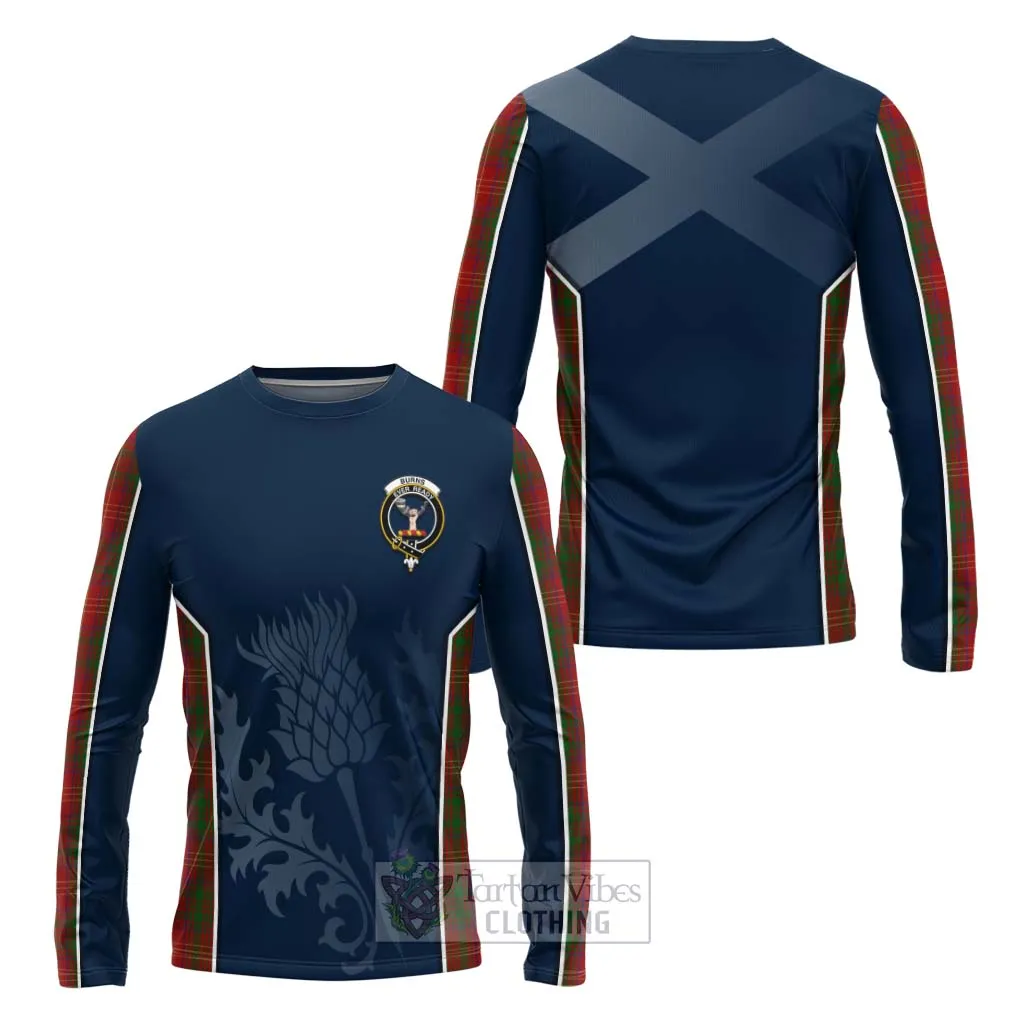 Burns Tartan Long Sleeve T-Shirt with Family Crest and Scottish Thistle Vibes Sport Style