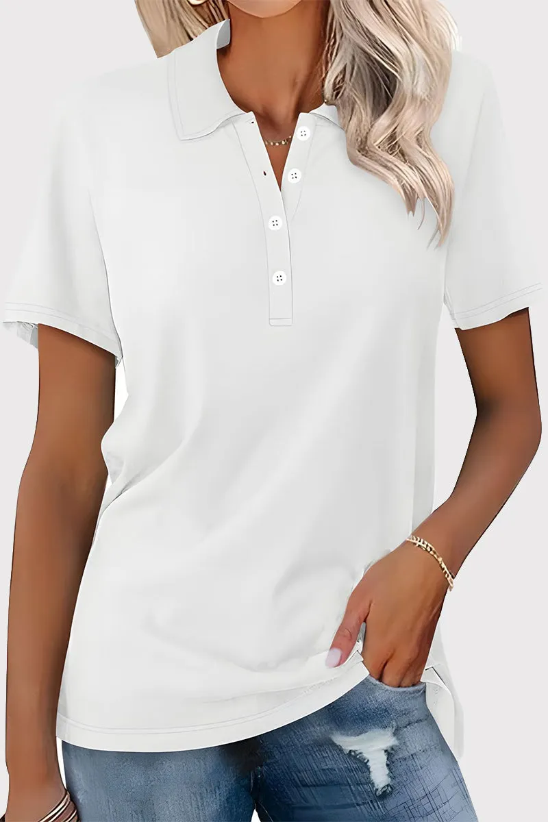 Casual Simplicity Solid Buckle Turndown Collar T-Shirts