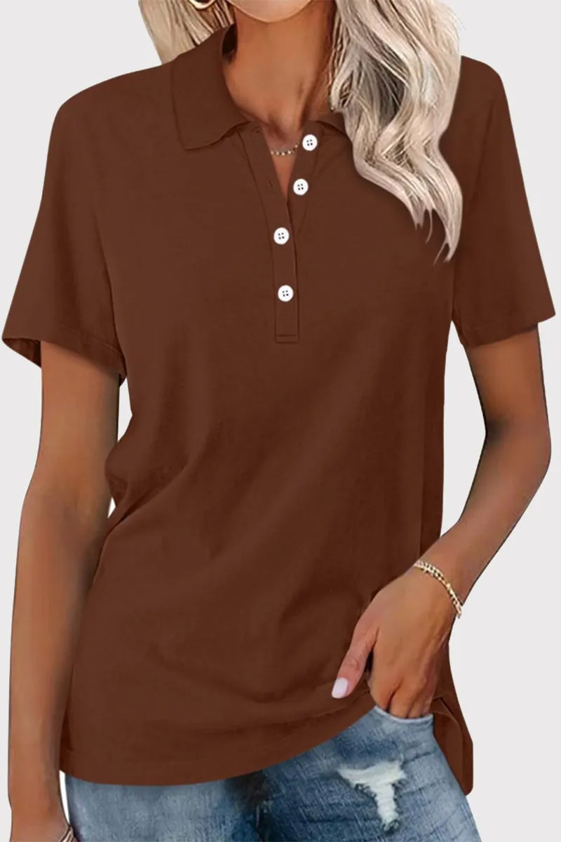 Casual Simplicity Solid Buckle Turndown Collar T-Shirts