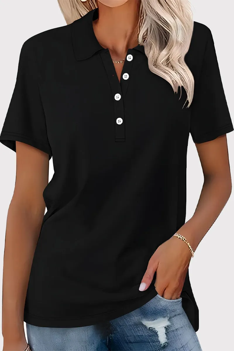 Casual Simplicity Solid Buckle Turndown Collar T-Shirts