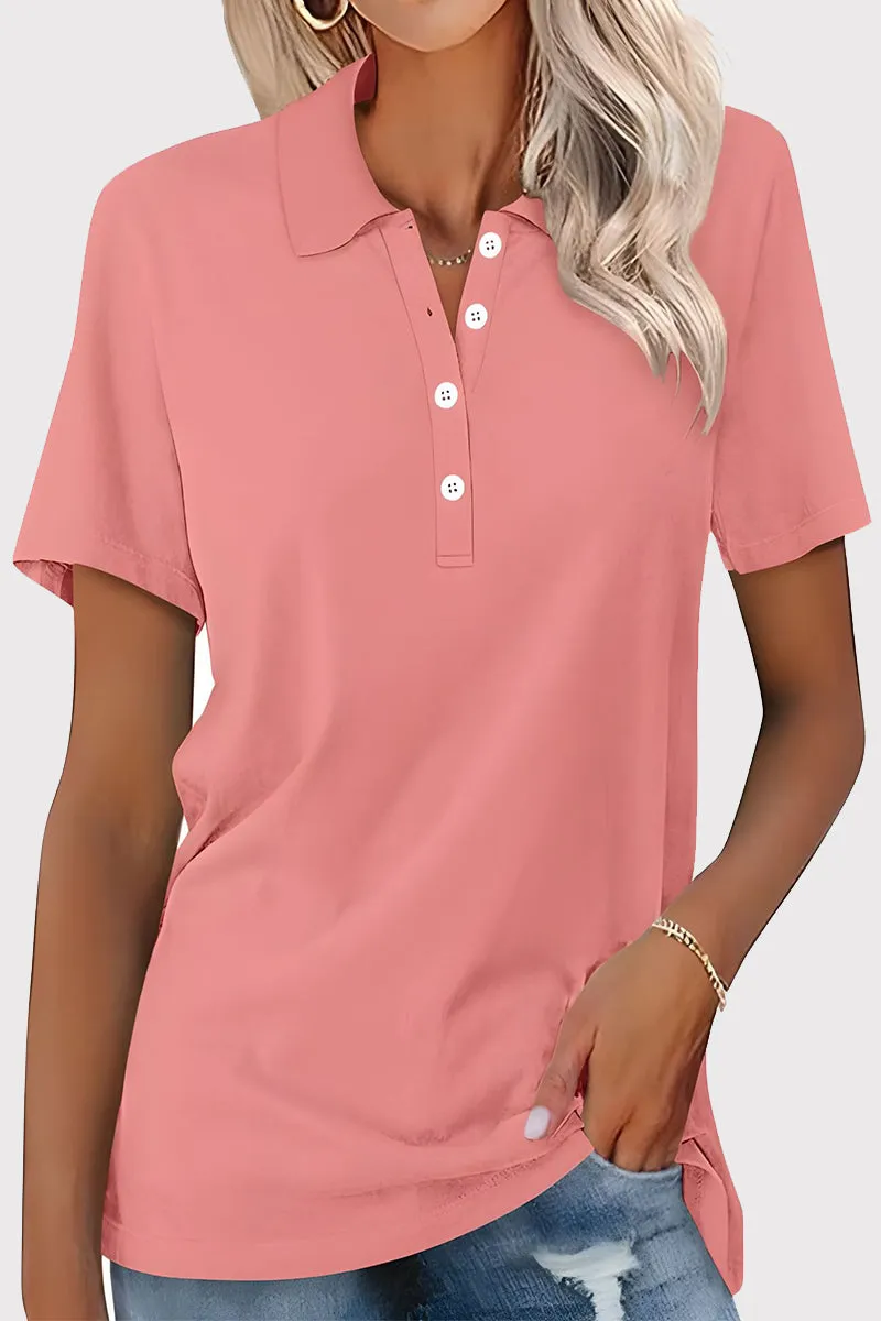 Casual Simplicity Solid Buckle Turndown Collar T-Shirts