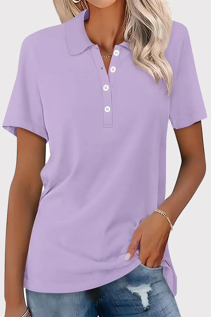 Casual Simplicity Solid Buckle Turndown Collar T-Shirts