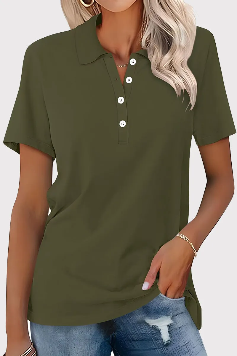 Casual Simplicity Solid Buckle Turndown Collar T-Shirts