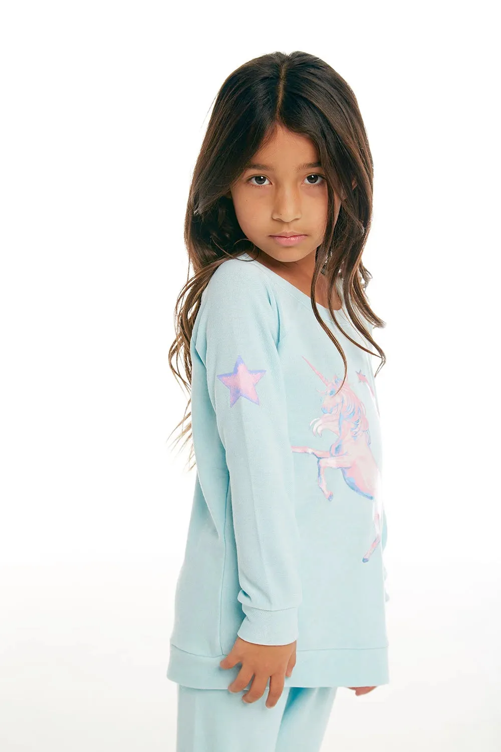 CHASER KIDS - Girls Cozy Knit Raglan Pullover "Iridescent Unicorn"