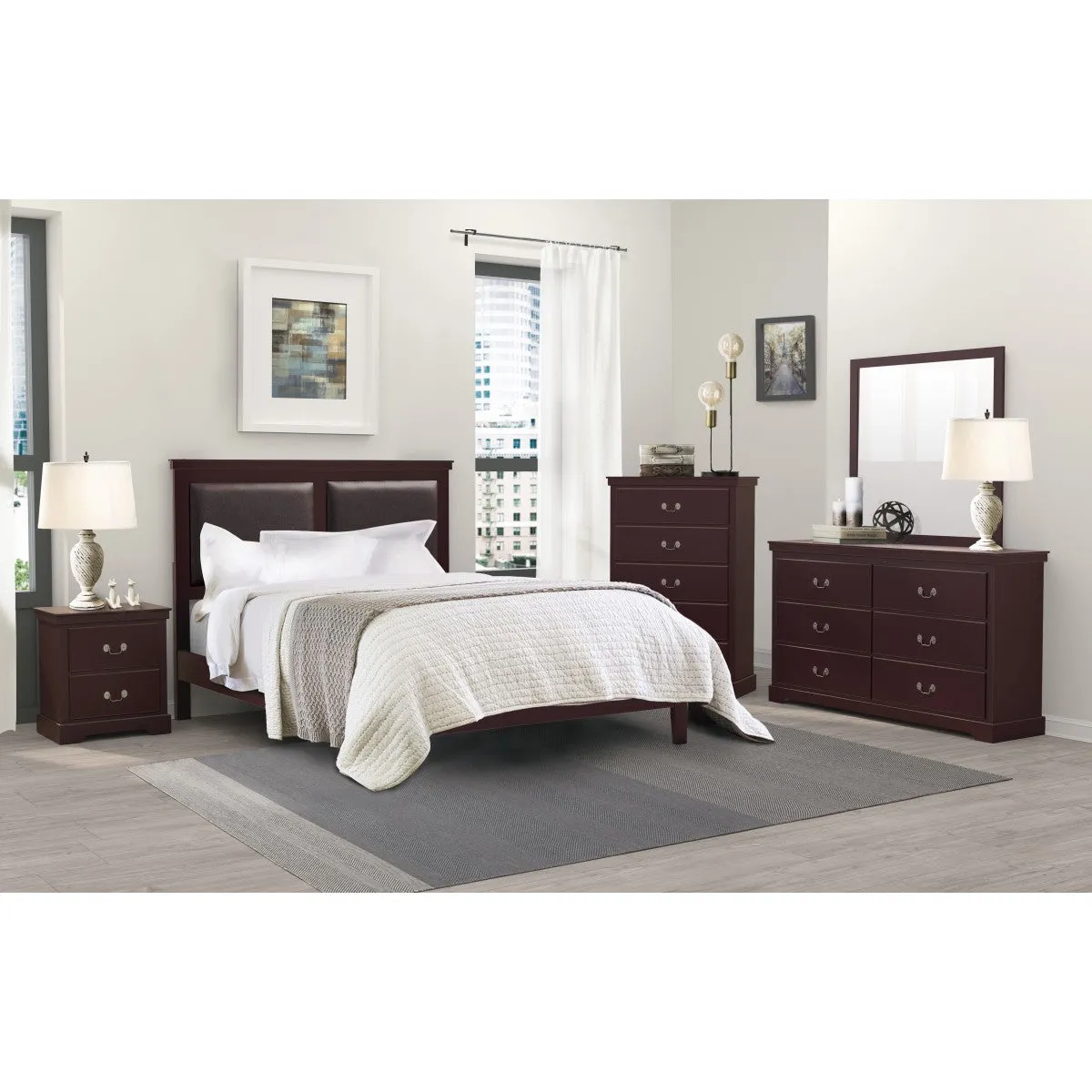 Cherry Finish Queen Bed with Faux Leather Headboard - Includes Headboard, Footboard & Rails