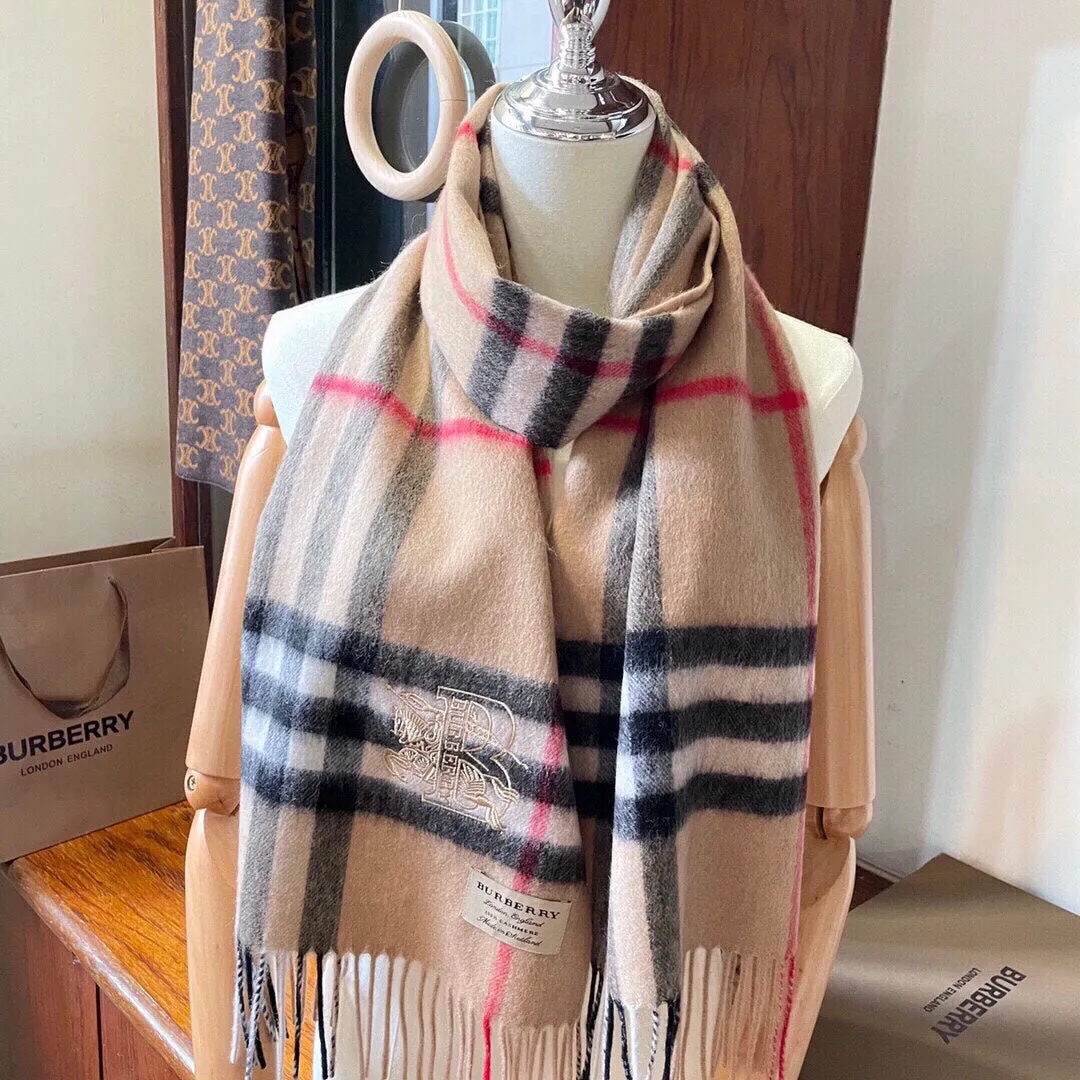 CLASSIC CHECK SCARF 180 CM IN CAMEL BROWN MIX BLACK CASHMERE  394772