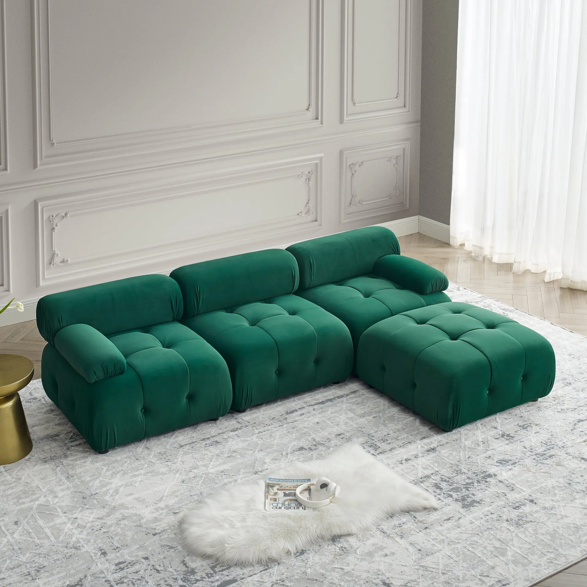 Clermont-Ferrand | Green Modular Modern Luxury Button Tufted L Shaped Couch Sectional Sofa, with Reversible Ottoman