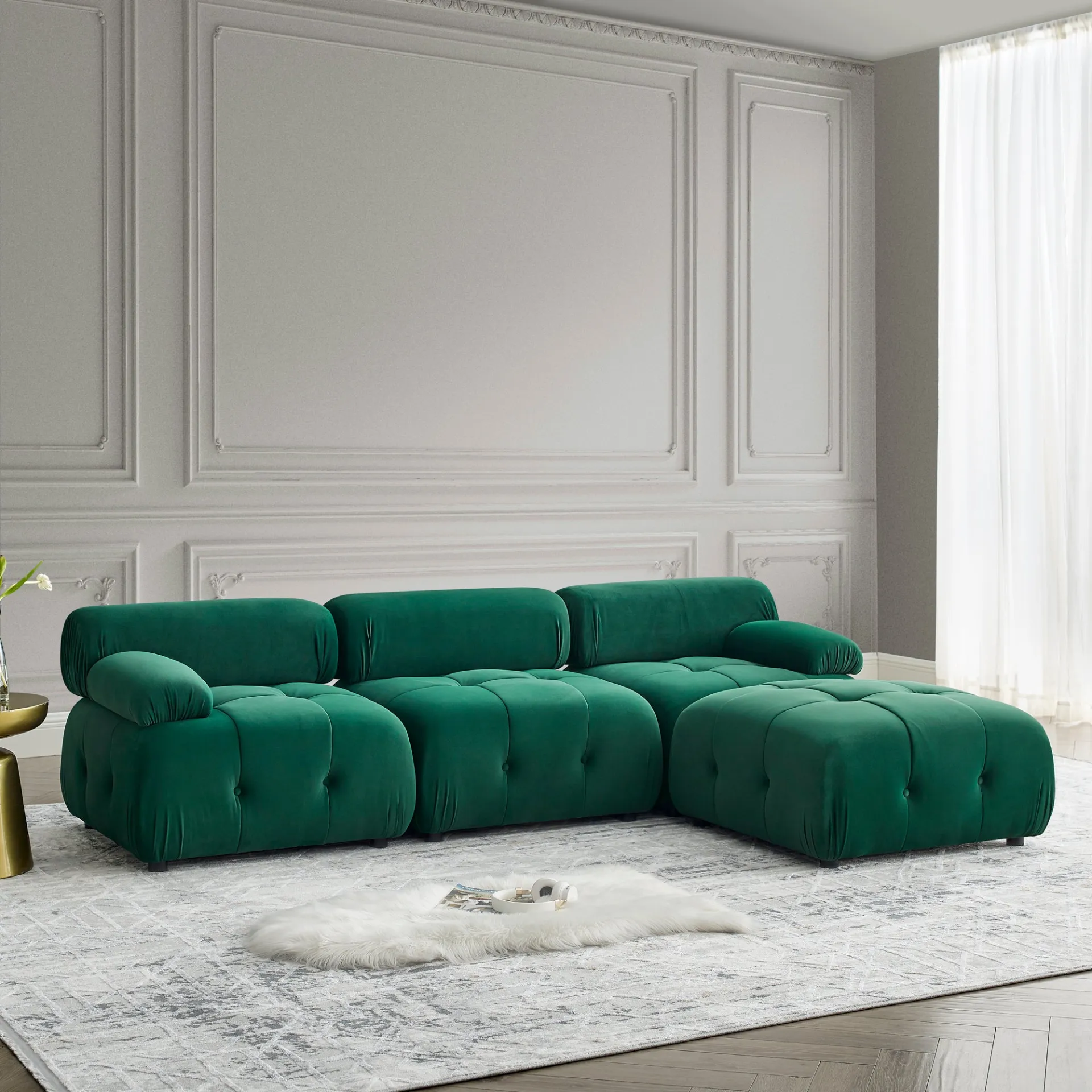 Clermont-Ferrand | Green Modular Modern Luxury Button Tufted L Shaped Couch Sectional Sofa, with Reversible Ottoman