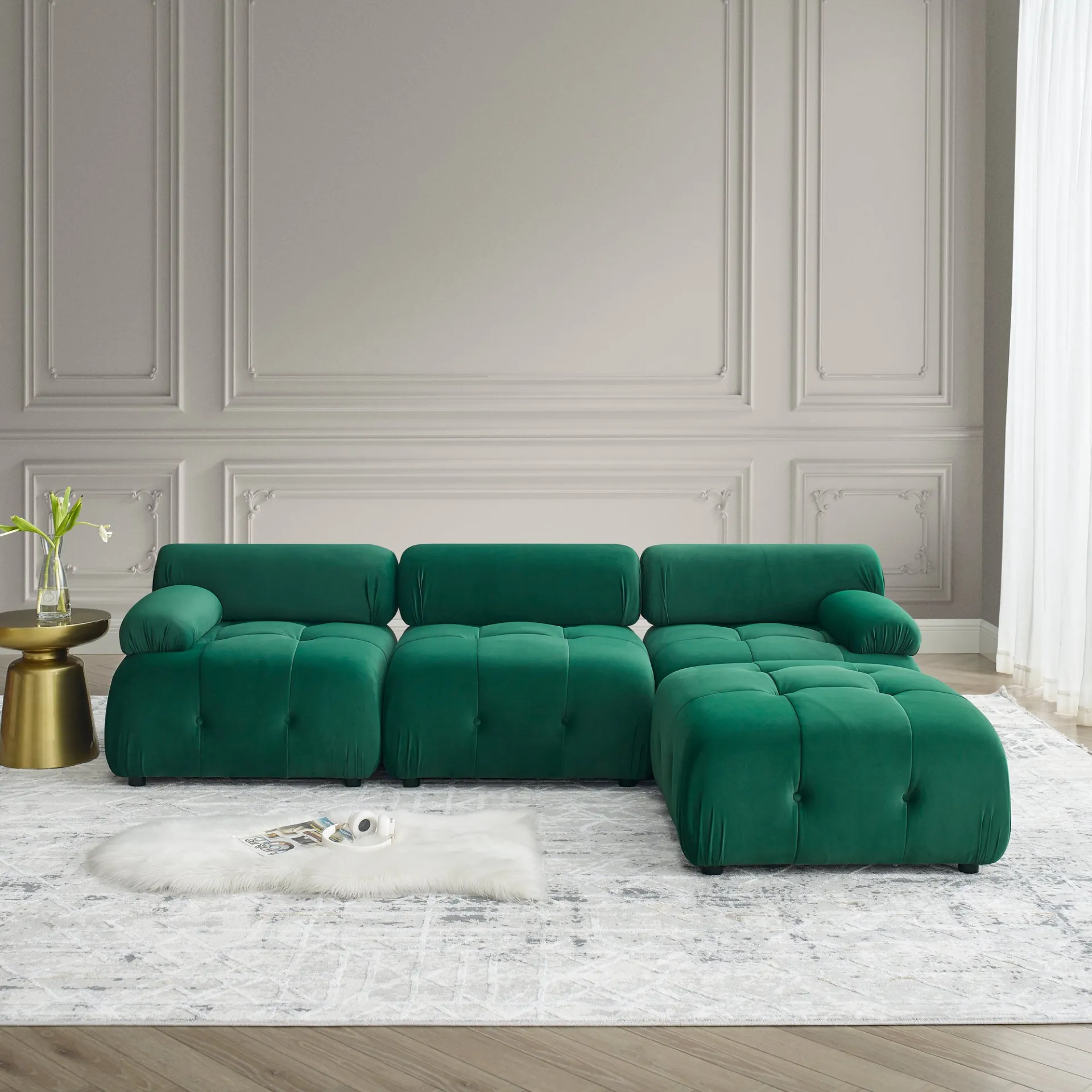 Clermont-Ferrand | Green Modular Modern Luxury Button Tufted L Shaped Couch Sectional Sofa, with Reversible Ottoman