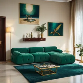 Clermont-Ferrand | Green Modular Modern Luxury Button Tufted L Shaped Couch Sectional Sofa, with Reversible Ottoman