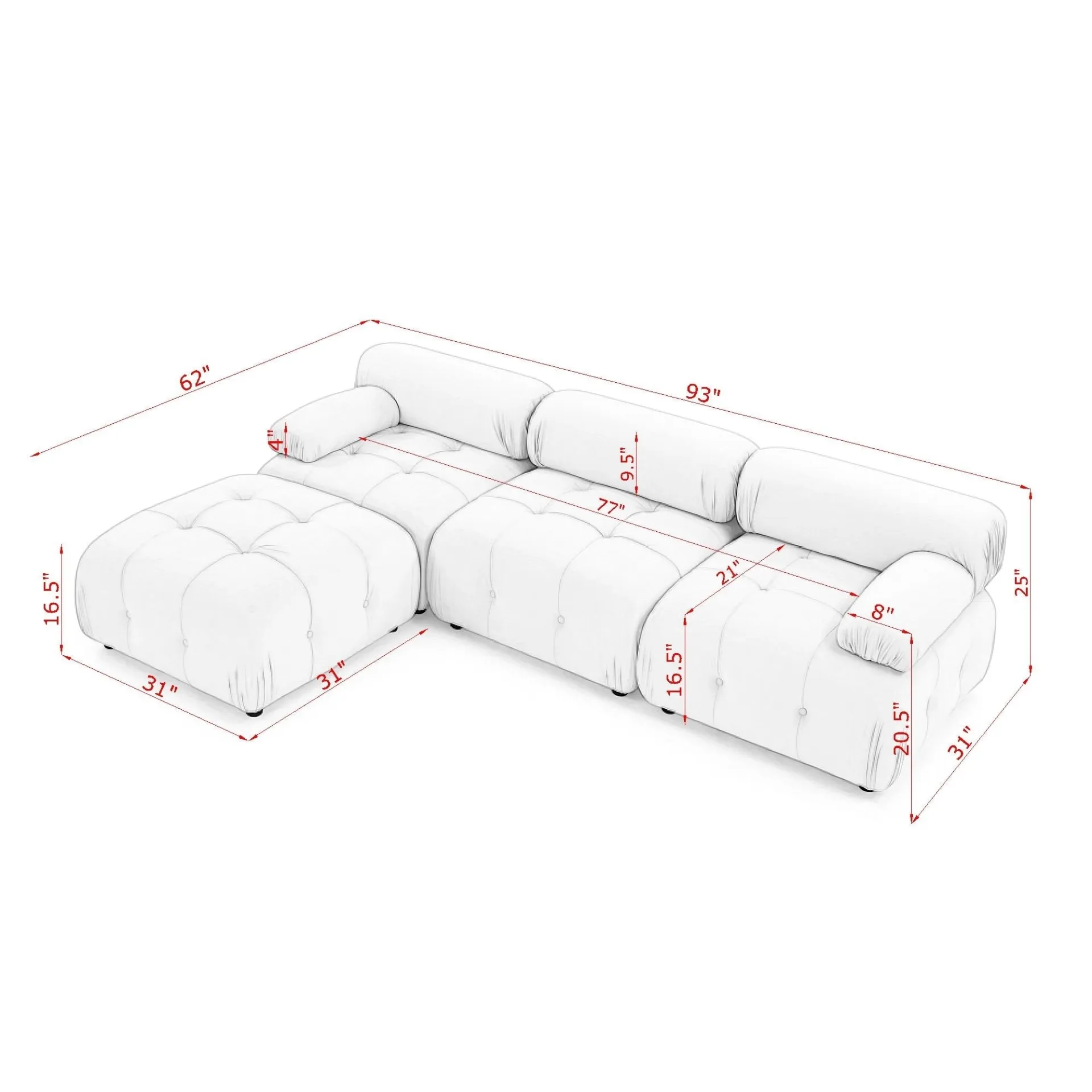 Clermont-Ferrand | Green Modular Modern Luxury Button Tufted L Shaped Couch Sectional Sofa, with Reversible Ottoman