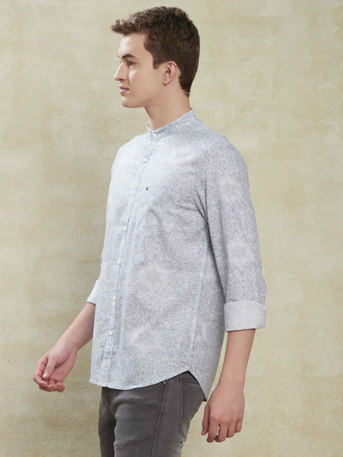 Cotton Tencel Grey Printed Slim Fit Mandarin Collar Casual Shirt