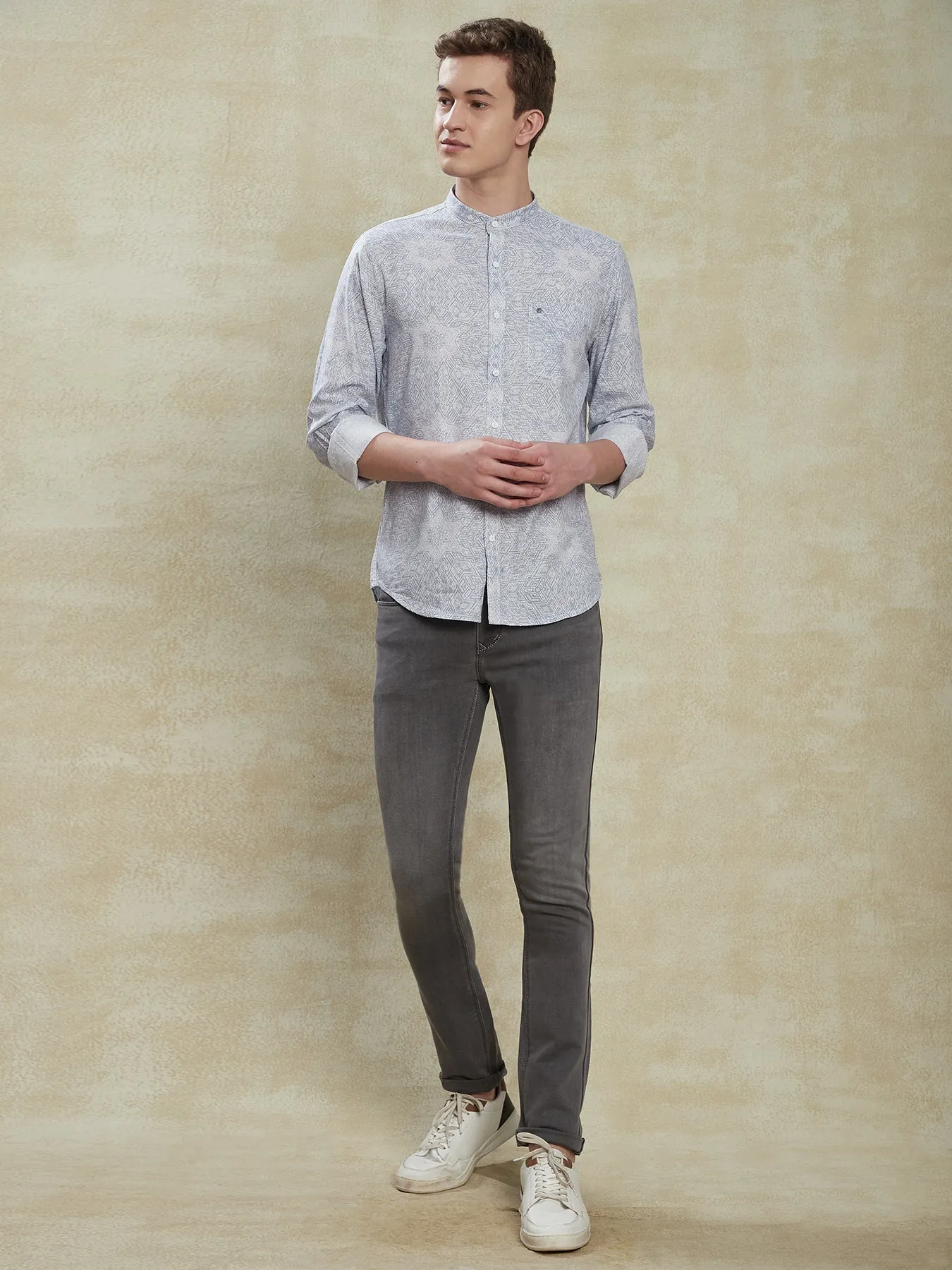 Cotton Tencel Grey Printed Slim Fit Mandarin Collar Casual Shirt