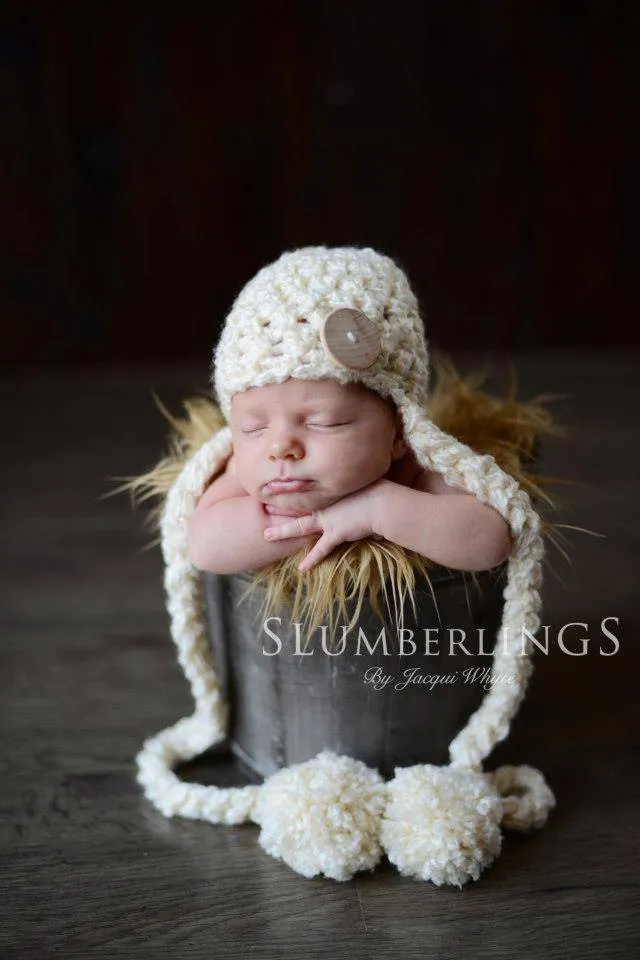 Cream Newborn Button Pom Hat