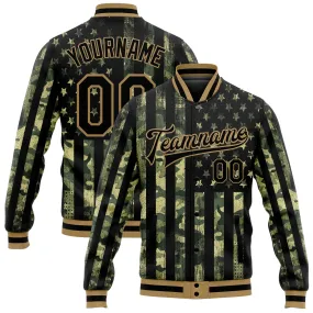 Custom Camo Black-Old Gold American Flag Fashion 3D Bomber Full-Snap Varsity Letterman Salute To Service Jacket