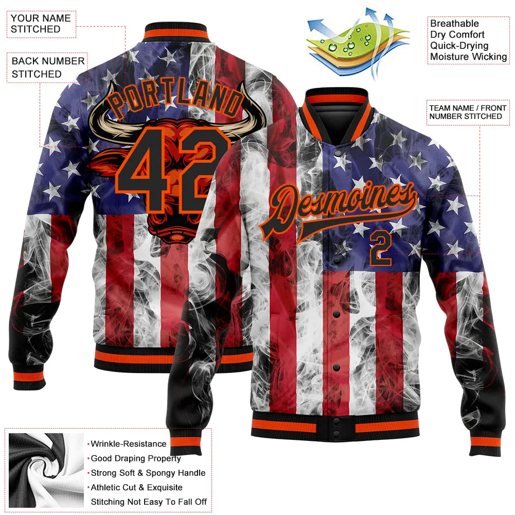 Custom Royal Black Orange-Red American Flag With Head Of Bull 3D Pattern Design Bomber Full-Snap Varsity Letterman Jacket